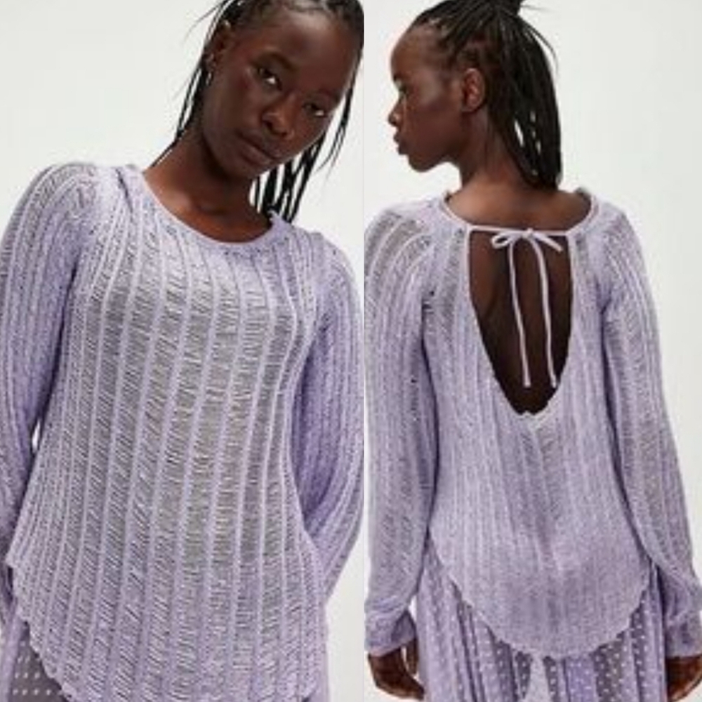 New Free People Lets Dance Long Sleeve Metallic Ice Lilac Top Size large